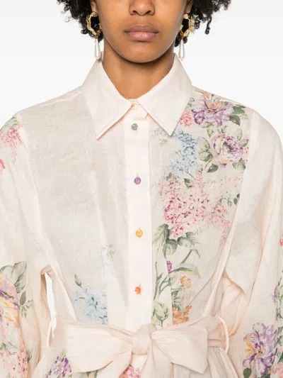 Shop Zimmermann Floral Print Linen Shirt Dress In Beige