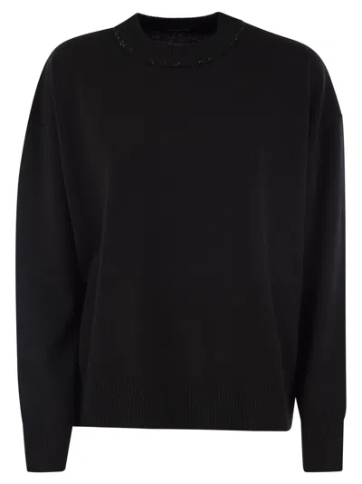 Fabiana Filippi Black Crewneck Sweater With Micro Paillettes In Wool In Black