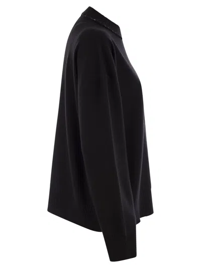 Fabiana Filippi Black Crewneck Sweater With Micro Paillettes In Wool In Black