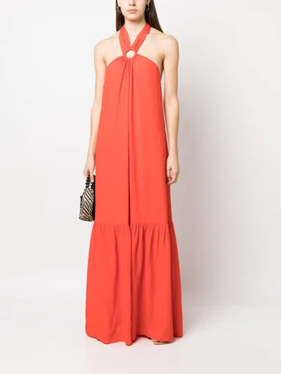 Shop Erika Cavallini Semi Couture Silk Blend Long Dress In Red