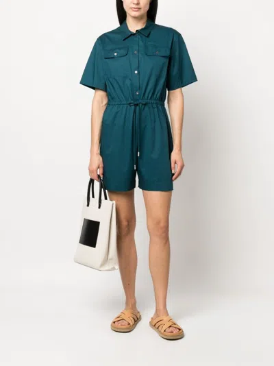 Paul Smith Short Sleeve Cotton Playsuit With Drawstring Waist In Blue