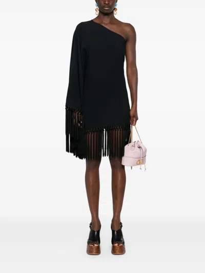 Taller Marmo Fringed Cape-style Short Dress In Black