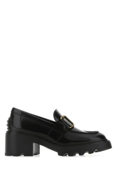 Tod's Semi-shiny Leather Heeled Loafers With Metal Chain Shoes In Black