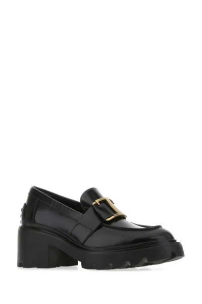 Tod's Semi-shiny Leather Heeled Loafers With Metal Chain Shoes In Black