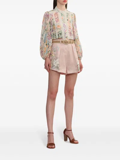 Shop Zimmermann Floral Print Linen Shorts In Pink