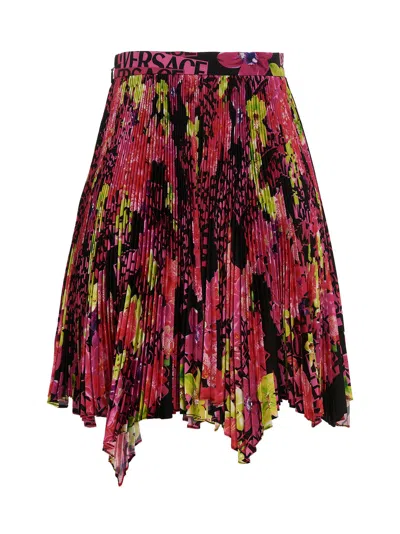 Versace Multicolor Asymmetric Pleated Mini-skirt With Logo Orchid Print In Polyester Woman In Multicolor