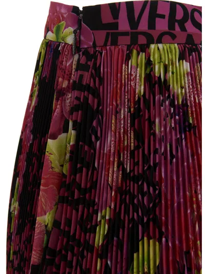 Versace Multicolor Asymmetric Pleated Mini-skirt With Logo Orchid Print In Polyester Woman In Multicolor