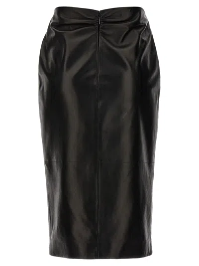 Saint Laurent Ruched Detail Leather Skirt In Black