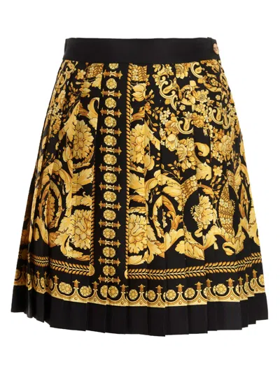 Versace Black And Golden Pleated Skirt With Baroque Print All-over In Silk Woman In 多色的