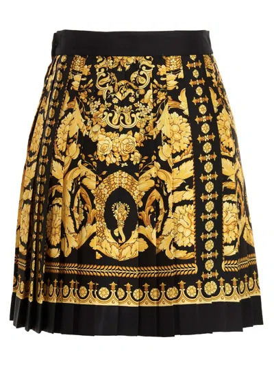 Versace Black And Golden Pleated Skirt With Baroque Print All-over In Silk Woman In 多色的