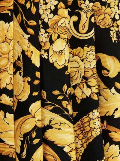 Versace Black And Golden Pleated Skirt With Baroque Print All-over In Silk Woman In 多色的