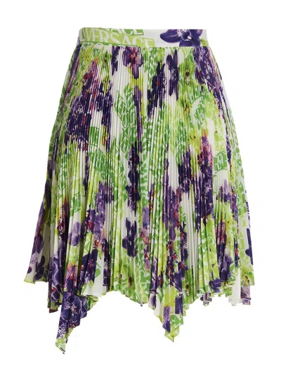 Versace Logo Orchid-print Pleated Asymmetric Skirt In 多色的