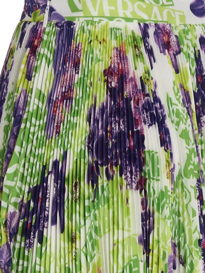 Versace Logo Orchid-print Pleated Asymmetric Skirt In 多色的