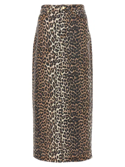 Ganni + Net Sustain Leopard-print Organic Denim Maxi Skirt In Brown