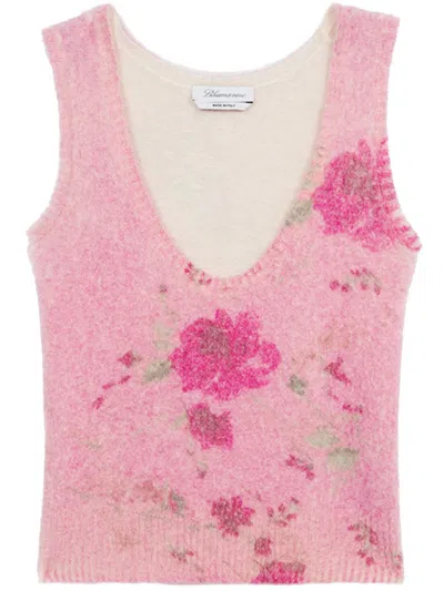 Blumarine Sleeveless Floral V Neck Knitwear In Pink