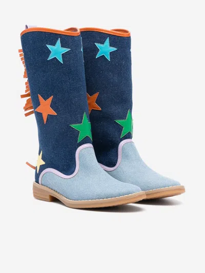 Stella Mccartney Kids Girls Blue Denim Star Cowboy Boots In Blue