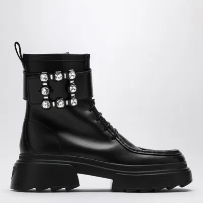 Roger Vivier Leather Lace-up Booties With Jeweled Buckle In Black