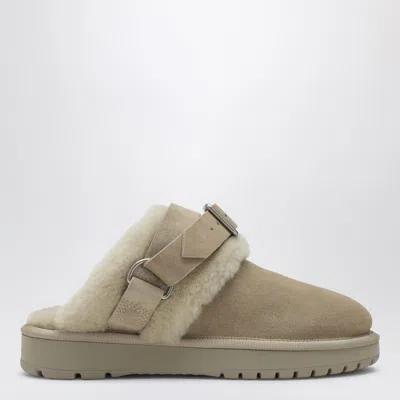 Burberry Buckle Fastening Shearling Suede Mules In Nude