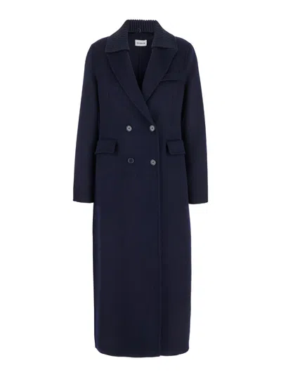 Shop P.a.r.o.s.h Long Blue Double-breasted Coat With Ribbed Revers In Wool Woman