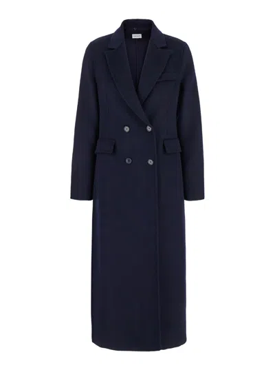 Shop P.a.r.o.s.h Long Blue Double-breasted Coat With Ribbed Revers In Wool Woman