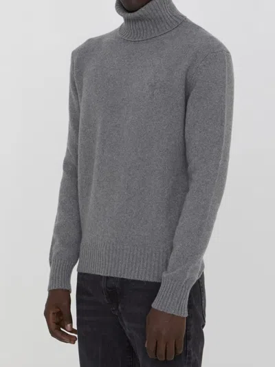 Ami Alexandre Mattiussi Heart Friend Turtleneck Sweater In Cashmere Blend In Grey