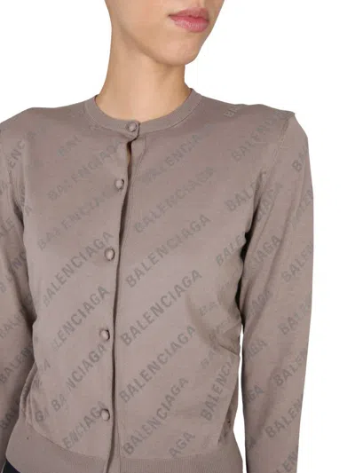 Shop Balenciaga Allover Logo Cropped Cardigan In Beige