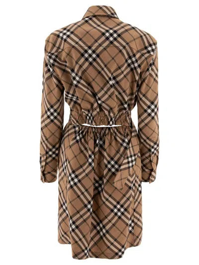 Shop Burberry Check Wool Blend Shirt Dress In Beige