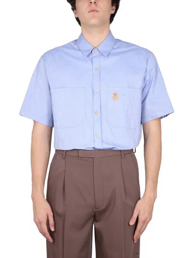 Shop Gucci Shirt With Bear On Pocket In Baby Blue