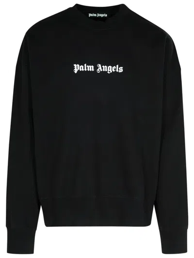 Palm Angels Black Cotton Crew Neck Sweatshirt With White Logo In Black