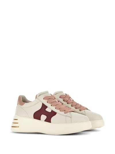 Shop Hogan Rebel Calf Leather Sneakers With Pink Heel In Beige