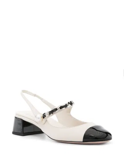 Miu Miu Embellished Leather Slingback Pumps In Avorio+nero
