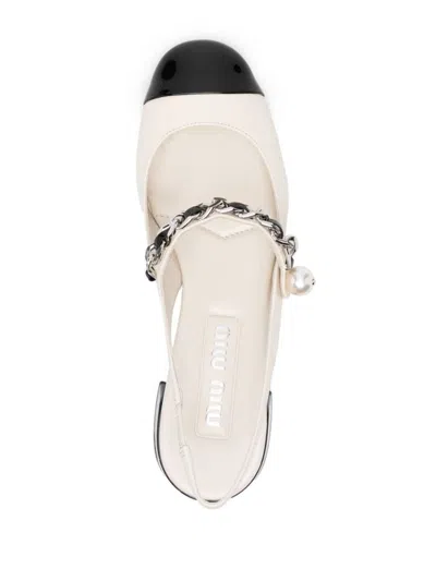 Miu Miu Embellished Leather Slingback Pumps In Avorio+nero