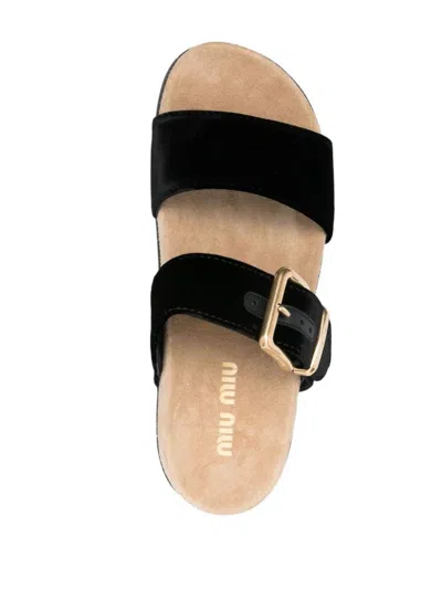 Miu Miu Suede Buckle Sandals In Black