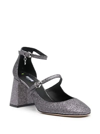 Msgm Logo Charm 90 Glittered Pumps In Silver