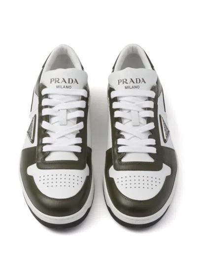 Shop Prada Downtown Colour-block Leather Sneakers In Bianco+militare