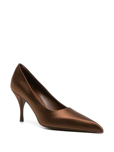 Shop Prada Pointed-toe Satin Pumps In Tabacco