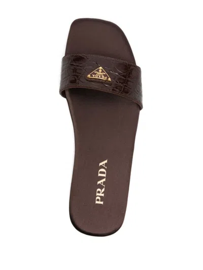 Prada Triangle Logo Croc-embossed Leather Flat Sandals In Brown