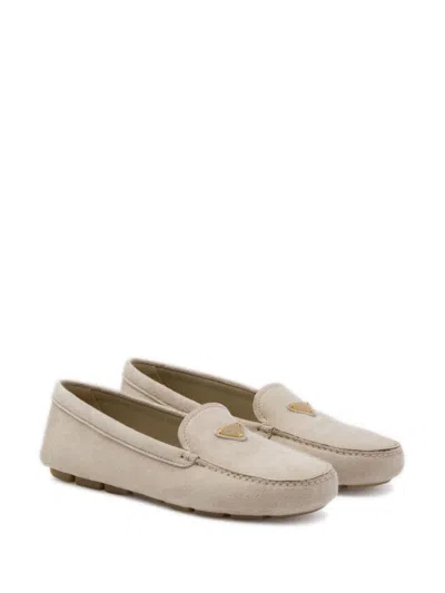 Shop Prada Triangle-logo Suede Driving Loafers In Pomice