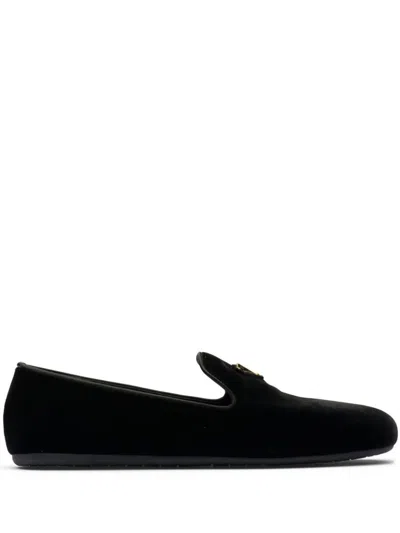 Shop Prada Triangle-logo Velvet Loafers In Black