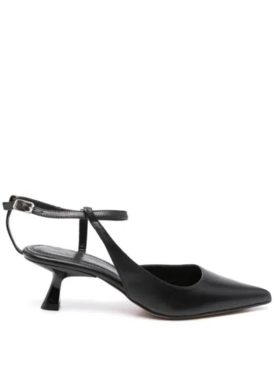 Souliers Martinez Leather Sling Back Pumps With Kitten Heel In Black