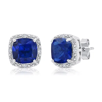 Max + Stone 7mm Cushion Cut Garnet And Diamond Accent Halo Stud Earrings In Sterling Silver In Blue