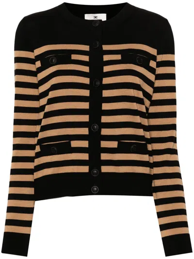 Shop Elisabetta Franchi Striped Wool Cardigan In Nero/camel