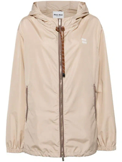 Shop Miu Miu Lightweight Hooded Jacket In Beige