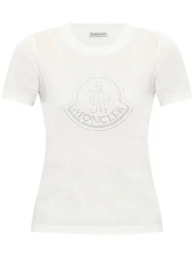 Moncler Women White Cotton Rhinestone Logo T-shirt In Beige