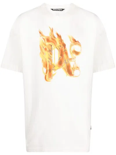 Palm Angels Burning Monogram Metallic Logo-print Cotton-jersey T-shirt In White