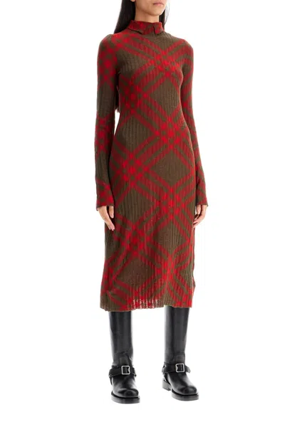Shop Burberry Wool Blend Midi Dress With Seasonal Check In Green