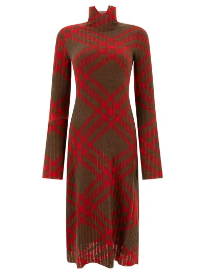 Shop Burberry Wool Blend Midi Dress With Seasonal Check In Green