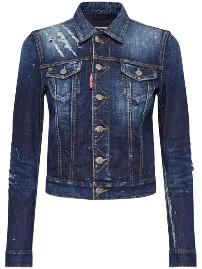 Dsquared2 Distressed Denim Jacket Buttoned Cuffs In Navy Blue