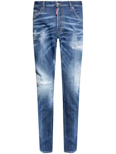 Dsquared2 Navy Blue Cotton Jeans With Worn Effect 5 Pockets In Navy Blue