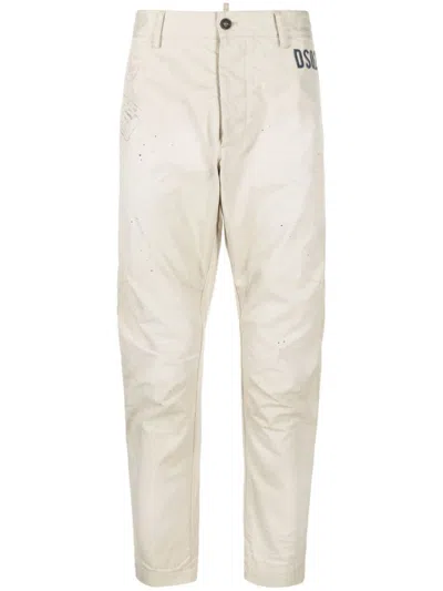 Dsquared2 Men's Cotton Twill Trousers With Embroidery In Ecru'